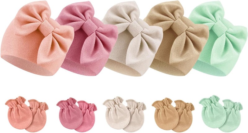 DRESHOW BQUBO Newborn Baby Girls Hats Mittens Set Hospital Hat Beanie Infant Bow Hats Baby Cotton Gloves for 0-6 Months - Image 1